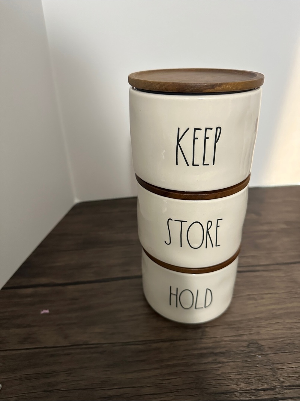 Rae Dunn Cream Ceramic Stackable Canisters with Wood Lids